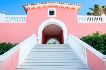 A colorful pink building with steps leading up to the entrance, suitable for use in illustrations or graphics about education, architecture, or urban design