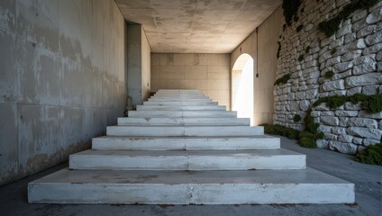 Elegant white rectangular concrete steps cascade down an indoor staircase, set against a sleek concrete floor. Smooth walls flank one side, enhancing its minimalist charm