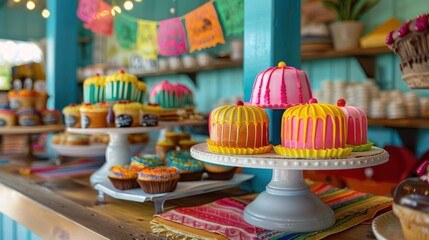 Colorful display of decorated cupcakes and cakes at a festive bakery with vibrant decor