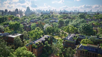 Fototapeta premium Aerial view of a lush urban neighborhood with green parks and modern buildings under a bright sky