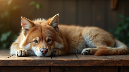 Dog relaxing peacefully on a wooden surface in a natural setting