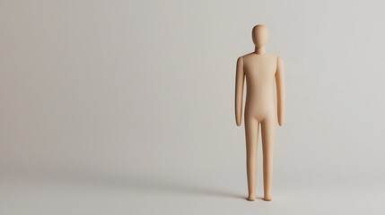 A simple, wooden figure stands against a plain background, showcasing a minimalistic design and neutral color palette.