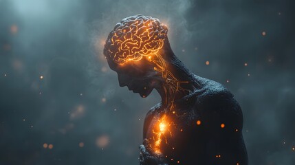 Man with a glowing brain illustrating creativity and intelligence concept in a dark background