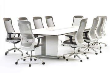 Obraz premium A standard conference table with chairs arranged around it, suitable for business meetings and presentations