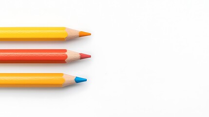 Naklejka premium Three colored pencils-yellow, red, and blue-are arranged in a row against a white background, showcasing their vibrant hues.
