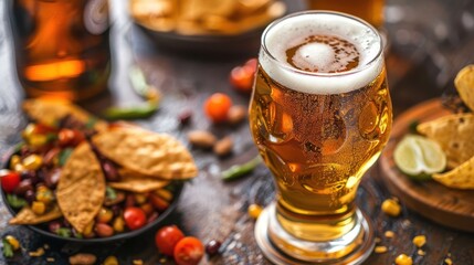Refreshing beer served with a colorful snack platter in a cozy pub setting