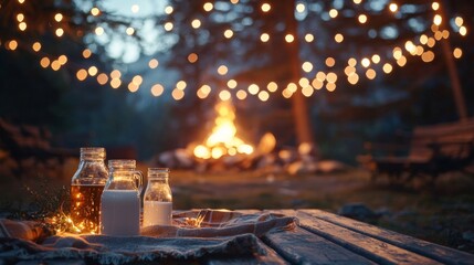 Picnic table setting with milk jugs and bonfire in background