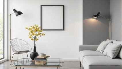 Elegant white wall adorned by a striking black picture frame, complemented by a sleek glass coffee table showcasing an artful stack of books beneath it, inviting curiosity and sophistication in a mini