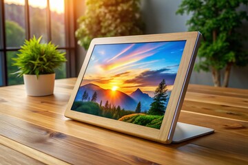 Fototapeta premium Smart Home Display: Sleek Modern Touchscreen Device on Wooden Table