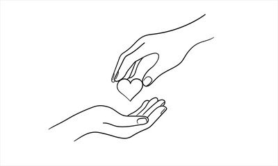 Hands with heart continuous line art drawing isolated on white background. Charity and help. Vector illustration