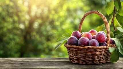 Ripe plums in basket, garden background, summer harvest