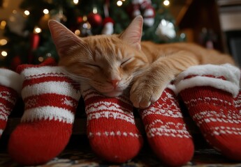 Cozy Orange Cat Napping on Christmas Stockings by the Tree with Twinkling Lights in a Warm Holiday Setting Filled with Festive Cheer and Seasonal Spirit