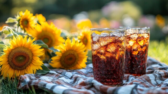 Picnic setting with sunflowers and soda glasses outdoors
