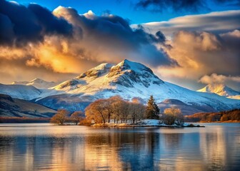 Fototapeta premium Snow-Covered Ben Lomond Mountain at Loch Lomond, Scotland - Winter Landscape Photography