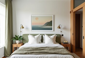 Modern Malibu Coastal Bedroom, White Walls, Landscape Art, Timber & Sage Details, Brightly Lit, Well-Lived In Room, Magazine Style, Light & Airy Interior.

