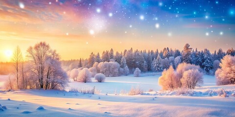 Fototapeta premium Snow Covered Winter Landscape in Kaluga Region, Russia - Bokeh Effect