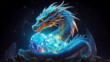 dragon curled around a glowing crystal, breathing soft blue fire.- 
