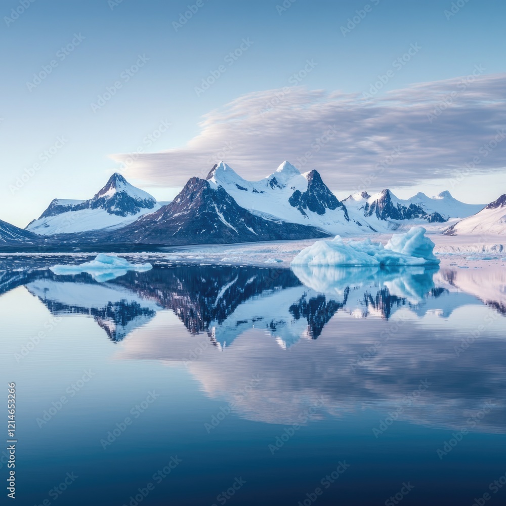 Poster a large iceberg floating in the middle of a calm sea, with waves and mist surrounding it