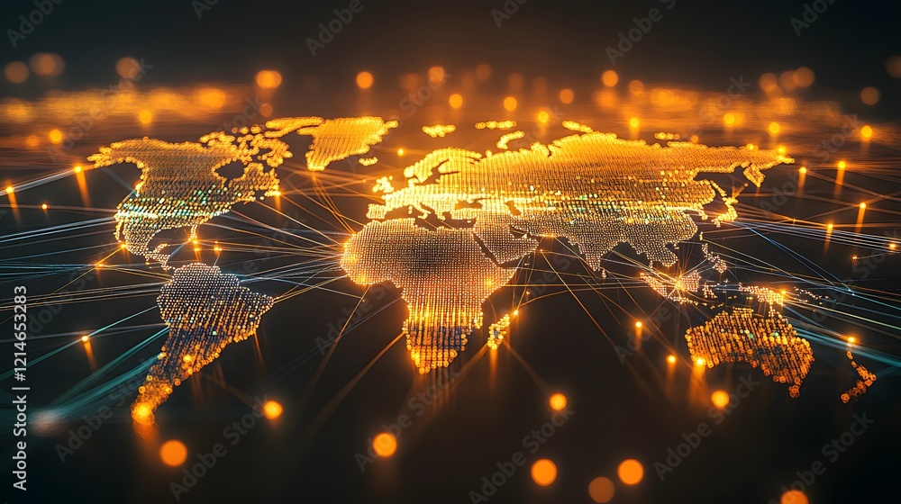 Poster global network illuminated world map data connections