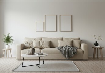 A minimalist living room with a neutral color palette featuring a beige sofa with throw pillows, a grey blanket and a round coffee table for a serene modern ambiance