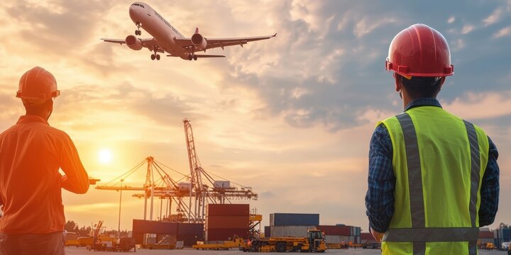 aviationbusiness  aircargo infrastructure concept. Workers observing an airplane landing at a cargo port during sunset.