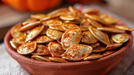 A close-up view of seasoned pumpkin seeds in a rustic bowl, surrounded by autumn decor and warm lighting