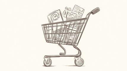 Sketch of a shopping cart filled with groceries.