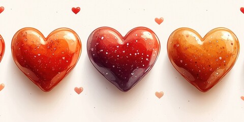 A row of four heart-shaped candies on a white surface, ideal for use in food or gift-related content