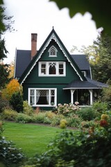 A delightful green house featuring stunning architectural details, elegantly nestled amidst vibrant gardens showcasing the beauty of autumn foliage