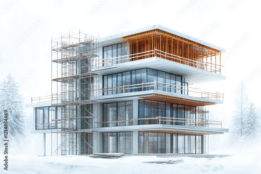 Poster a modern high-rise building with a rooftop featuring many windows, suitable for use in architecture,