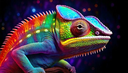 Fototapeta premium chameleon blending into a neon-patterned background.- 