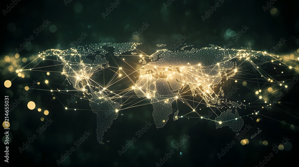 Poster global network connections illuminating world map