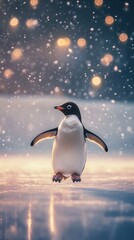 Fototapeta premium Ad?lie Penguin Walking on Ice in Snowfall at Sunset
