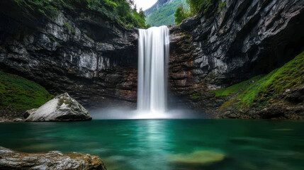 Fototapeta premium Majestic waterfall cascading into serene turquoise pool, surrounded by lush greenery and rocky cliffs
