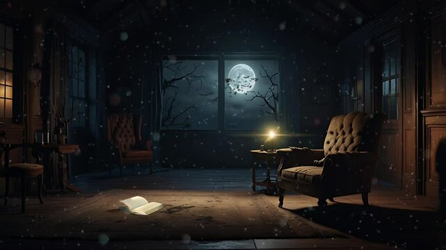 The sofa is in a dark and creepy room during a full moon. Seamless 4K looping timelapse video animation background