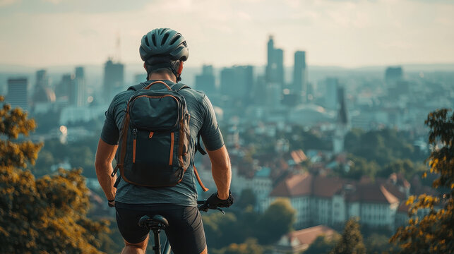 man in helmet and backpack enjoys scenic view of city skyline while cycling uphill - Powered by Adobe