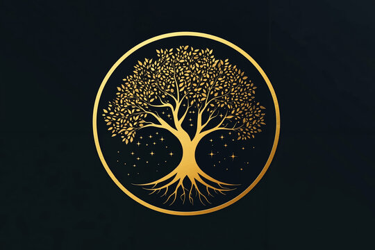 A gold tree of life logo on a black background