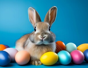cute bunny surrounded by colorful easter eggs against a bright blue background during spring celebrations