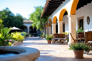 An inviting pathway runs through a beautiful courtyard filled with colorful flowers and elegant arches, radiating warmth and charm while encouraging exploration.