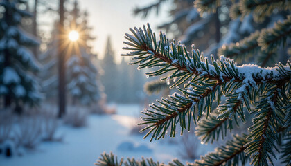 Pine Branch in Winter Sunset: Serene winter scene for nature photography websites and blogs.