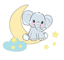 Hand Drawn cute little elephant sitting on the moon vector illustration