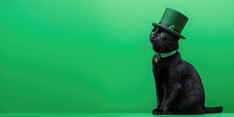 A beautiful black cat dressed up for St. Patrick's Day sits on a green background. Advertising banner, good luck charm for St. Patrick's Day. Bright and festive St. Patrick's Day.
