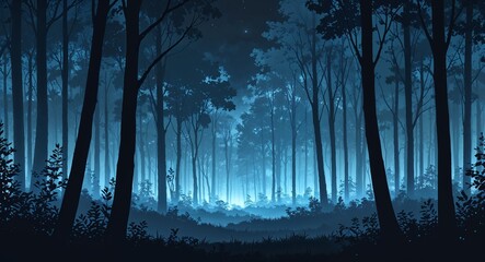 Obraz premium Dense forest silhouettes glowing faintly on anime background