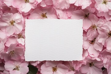 Obraz premium Feminine wedding, birthday mockup scene. Closeup of blank cotton paper card, invitation on pink floral petals. Sakura, japanese cherry tree blossoms. Spring floral, composition. Flat lay, top view.