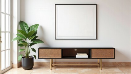 Elevate your room with this elegant wooden TV stand, featuring intricate rattan designs. Its sleek shelves rest perfectly above a contrasting white backdrop, creating an inviting and stylish centerpie