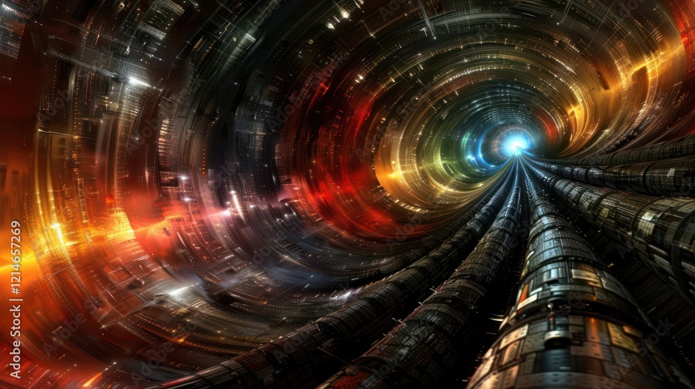 Poster abstract futuristic tunnel with vibrant colors and swirling patterns, conveying motion and depth