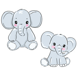 Hand Drawn a set of cute elephants isolated on a white background, vector illustration