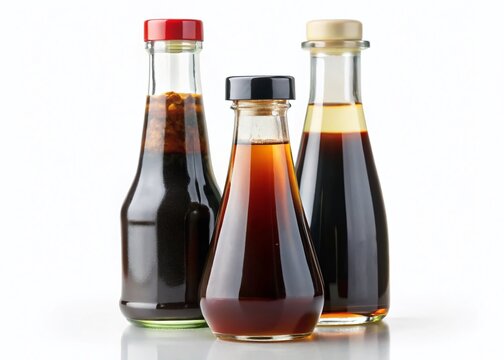 Soy Sauce and Fish Sauce Bottles Isolated on White Background - Asian Condiments