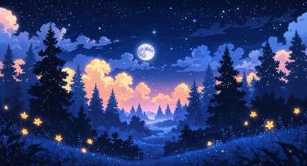 Fototapeta premium Dreamlike moonlit forest glowing under starlit sky on anime background