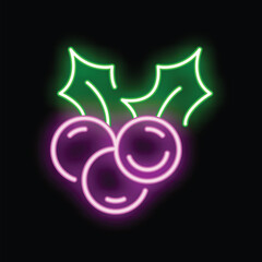 Neon sign depicting a sprig of mistletoe with berries, glowing brightly in the dark, evoking christmas cheer